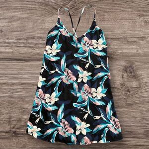 Roxy Multicolor Feather Print Dress Chic Casual Teal Coral Cream Skater Dress M